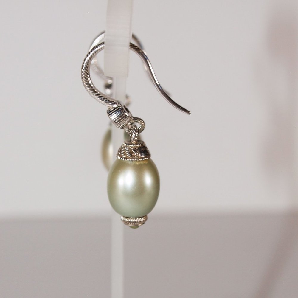 JUDITH RIPKA Sterling and Celadon Green Pearl Earrings.